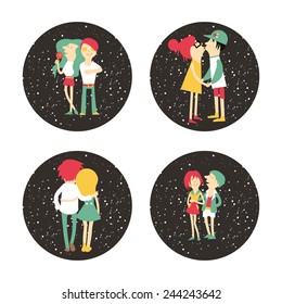 Vector vintage color set of romantic card with couple in love and space background