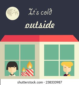 Vector vintage color wintry card with girl at home and moon on night sky. It's cold outside