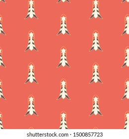 Vector Vintage Comet Rockets on Red seamless pattern background.