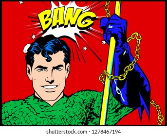 Vector Vintage Comic Book illustration composed using strong muscular Smiling man hero with raised clenched fist, in green costume.  Pop Art retro vintage style, BANG explosion comic book text 