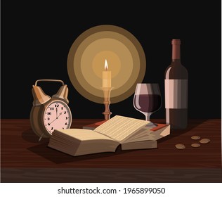 Vector vintage composition with book, candle, wine. Interior with lightning