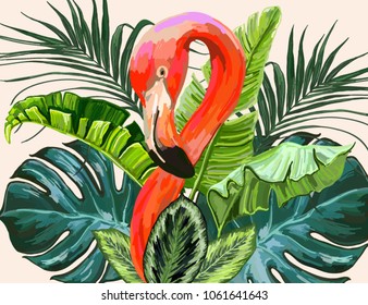 Vector vintage composition with exotic leaves, pink flamingo. Botanical classic illustration. Perfect for wallpapers, web page backgrounds, surface textures, textile.