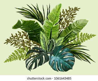 Vector vintage composition with exotic leaves. Botanical classic illustration. Perfect for wallpapers, web page backgrounds, surface textures, textile.