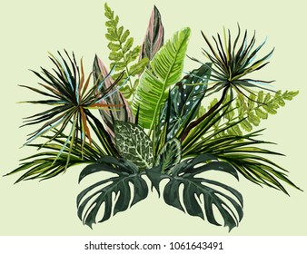 Vector vintage composition with exotic leaves. Botanical classic illustration. Perfect for wallpapers, web page backgrounds, surface textures, textile.