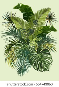 Vector vintage composition with exotic leaves. Botanical classic illustration. Perfect for wallpapers, web page backgrounds, surface textures, textile.