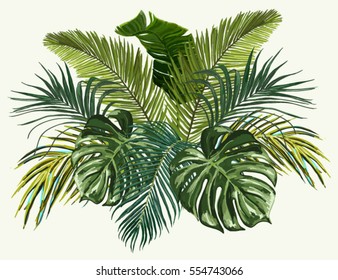 Vector vintage composition with exotic leaves. Botanical classic illustration. Perfect for wallpapers, web page backgrounds, surface textures, textile.