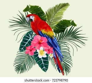 Vector vintage composition with exotic leaves, flowers, parrot. Isolated on white background, bohemian decoration bouquet, boho style for greeting card, wedding