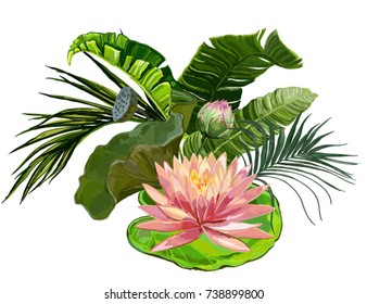 Vector vintage composition with exotic leaves, lotus flower. Botanical classic illustration. Perfect for wallpapers, web page backgrounds, surface textures, textile.