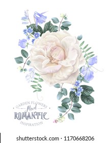 Vector vintage composition with garden rose, forget me not and sweet pea flowers on white. Floral design for natural cosmetics, perfume, women products. Best for wedding invitation, greeting card