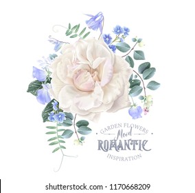 Vector vintage composition with garden rose, forget me not and sweet pea flowers on white. Floral design for natural cosmetics, perfume, women products. Best for wedding invitation, greeting card