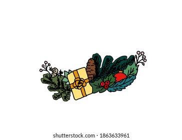 Vector vintage composition with winter forest branches, gift and Christmas tree toy. Winter design with outline for Christmas cards, party invitations, holiday sales.
