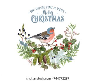 Vector vintage composition with winter forest branches and bird. Highly detailed winter design for Christmas greeting card, party invitation, holiday sales. Can be used for poster, web page, packaging