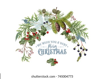 Vector vintage composition with winter forest branches. Highly detailed winter design for Christmas greeting card, party invitation, holiday sales. Can be used for poster, web page, packaging