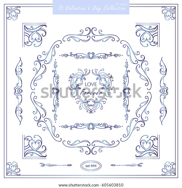 Vector vintage corners and round frames, valentine day\
collection  