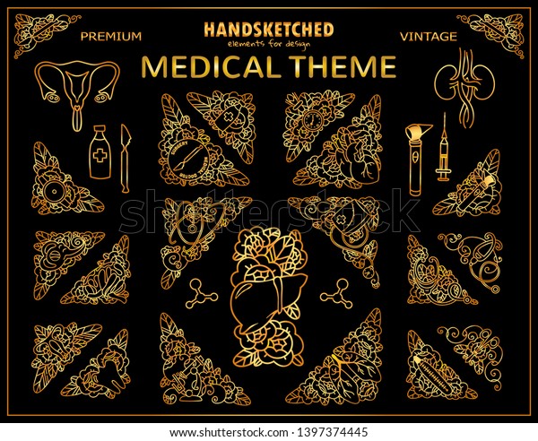 Vector vintage corners, triangles in premium gold\
style. Doctor, medicine, anatomy theme tiny arts, signs and symbols\
for design. Cute sketch arts for logo, greeting cards, medical\
jewelry design