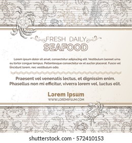 Vector vintage crabs background. Seafood hand-drawn menu template. There is place for your text on white horizontal paper.