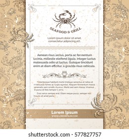 Vector vintage crabs background. Seafood hand-drawn crabs on old paper background. Menu template. There is place for your text on white vertical paper.