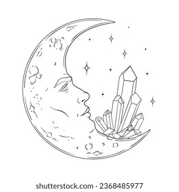 Vectora vintage luna creciente con cara, cristales, estrellas, estilo de arte lineal, signos esotéricos y ocultos de magia aislados en fondo blanco