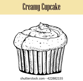 vector vintage creamy cupcake drawing. Hand drawn monochrome bakery illustration can be used for greeting cards or party invitations. Great for menu, poster or label.
