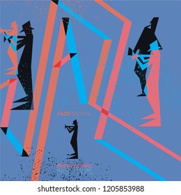 Vector Vintage creative color graphic poster for jazz fest, other musical event or concert , festival  invitation card. With trumpet player and Saxophonist, Text , Event location date and slogan.