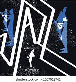 Vector Vintage creative color graphic poster for jazz fest, other musical event or concert , festival  invitation card. With trumpet player and Saxophonist, Text , Event location date and slogan.