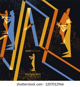 Vector Vintage creative color graphic poster for jazz fest, other musical event or concert , festival  invitation card. With trumpet player and Saxophonist, Text , Event location date and slogan.