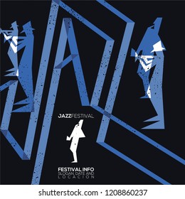 Vector Vintage creative color graphic poster for jazz fest, other musical event or concert , festival  invitation card. With trumpet player and Saxophonist, Text , Event location date and slogan.