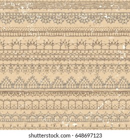 Vector vintage crochet seamless pattern. Horizontal knitted edging patterns and lacy borders on old paper background. Retro boundless background.