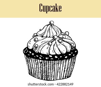 vector vintage  cupcake drawing. Hand drawn monochrome bakery illustration can be used for greeting cards or party invitations. Great for menu, poster or label.