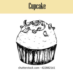 vector vintage cupcake drawing. Hand drawn monochrome bakery illustration can be used for greeting cards or party invitations. Great for menu, poster or label.