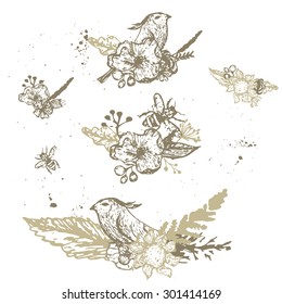 Vector vintage cute hand drawn flower wreath set on white background with bee and bird for wedding cards, invitations, banners. EPS10.