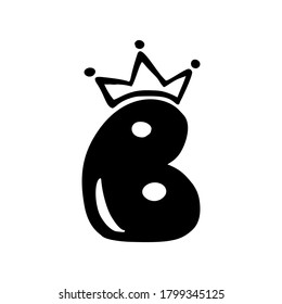 Vector Vintage Cute letter B with crown. Princess element logo. Valentine hand drawn alphabet sign for page decoration and design illustration. For greeting card, wedding or invitation.