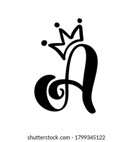 Vector Vintage Cute letter A with crown. Princess calligraphy element logo. Valentine hand drawn alphabet sign for page decoration and design illustration. For greeting card, wedding or invitation.