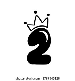 Vector Vintage Cute number 2 with crown. Princess calligraphy element logo. Valentine hand drawn alphabet sign for page decoration and design illustration. For greeting card, wedding or invitation.