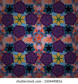 Vector vintage damask ornament. Seamless tiling pattern in violet, blue and purple colors.