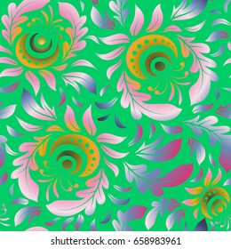 Vector vintage damask ornament. Seamless tiling pattern in green, violet and yellow colors.
