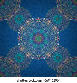 Vector vintage damask ornament. Seamless tiling pattern in blue, beige and magenta colors.