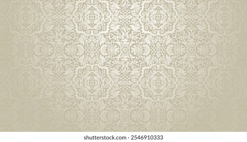 Vetor vintage damask padrão em tons beges elegantes. Ornamentos florais decorativos perfeitos para papel de parede, convites e desenhos de luxo. Inclui um padrão contínuo de trabalho no painel 'Amostras'