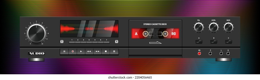 Vector vintage dark stereo audio system rack with tape cassette deck and red graphic equalizer