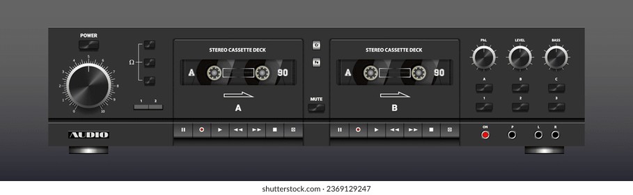 Vector vintage dark stereo audio system with two cassette decks. Rare analogue sound recording equipment.