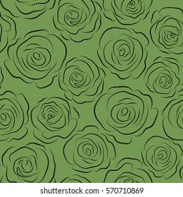 Vector vintage dashed roses on a green background. Seamless pattern (hand drawn).