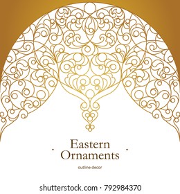 Vector vintage decor for design template. Eastern style element. Golden outline floral decor. Luxury illustration for invitations, greeting card, wallpaper, web, background.