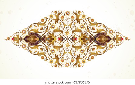 Vector vintage decor; ornate floral ornament for design template. Eastern style element. Ethnic decoration. Arabic golden motifs. Ornamental paisley illustration for invitation, card, background.