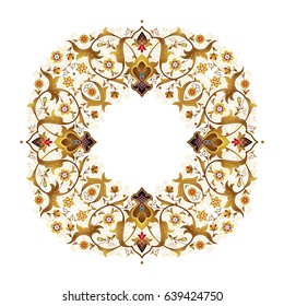 Vector vintage decor; ornate floral frame for design template.Eastern style gold element. Ethnic decoration. Arabic golden motifs. Ornamental paisley illustration for invitation, card, background.