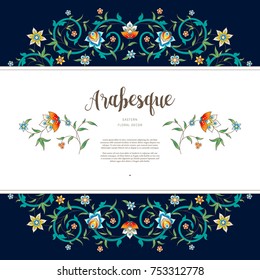 Vector vintage decor; ornate floral card for design template. Eastern style element. Premium floral decoration. Place for text. Ornamental illustration for invitation, greeting cards, dark background.