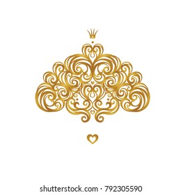 Vector vintage decor; ornate floral ornament for design template. Victorian style gold element. Rococo decoration. Arabic golden motifs. Ornamental swirl illustration for invitation, greeting card.