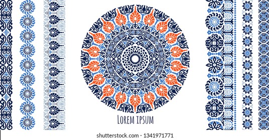 Vector vintage decor, ornate seamless borders and round mandala. Vignettes with arches, rosettes, floral elements. Eastern style design. Ethnic decoration. Indian, Pakistani, Turkish, Arabic motifs.