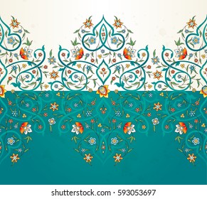 Vector vintage decor; ornate seamless border for design template. Eastern style element. Premium floral decoration. Illustration for invitation, greeting card, wallpaper, web, background.