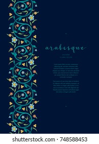 Vector vintage decor; ornate seamless border on black backdrop for design template. Eastern style element. Premium floral decoration. Illustration for invitation, card, wallpaper, web, background.