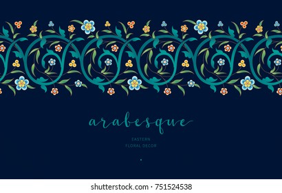 Vector vintage decor; ornate seamless border on black backdrop for design template. Eastern style element. Premium floral decoration. Illustration for invitation, card, wallpaper, web, background.